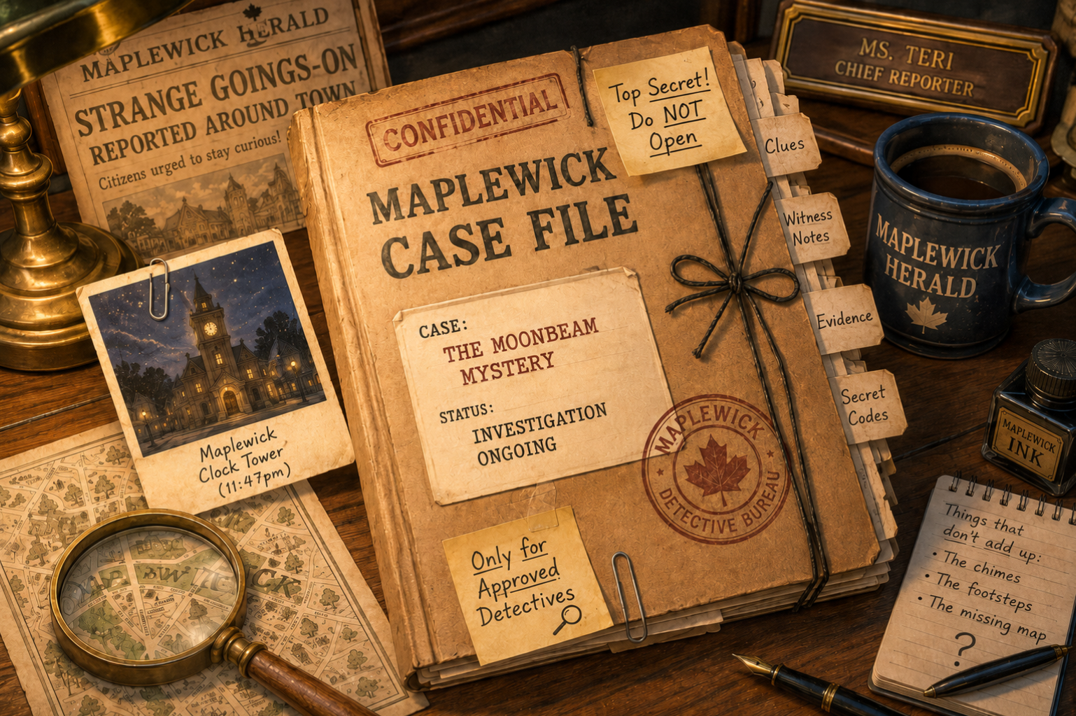 A locked Moonbeam case file on a newsroom desk