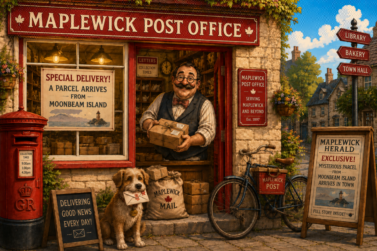 Mr Percy Stamp at Maplewick Post Office holding a mysterious parcel from Moonbeam Island