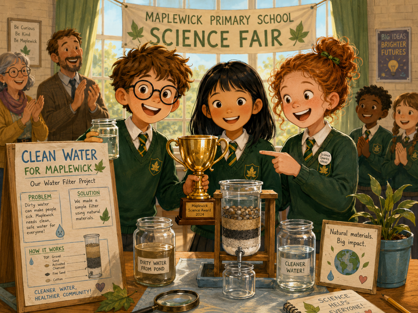 A school science cup and water filter project display